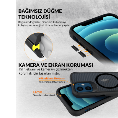 Bix iPhone 12 / 12 Pro Carbon Fiber Force MagSafe Kılıf Anti-Şok Teknolojili Kamera ve Ekran Korumalı - 6