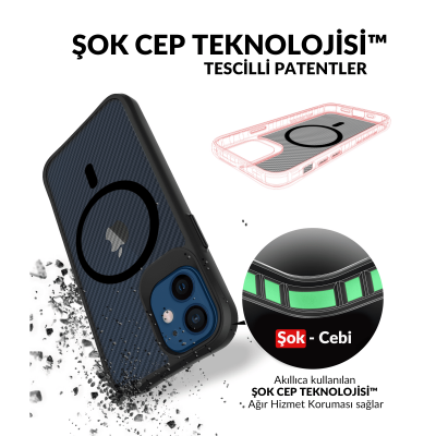 Bix iPhone 12 / 12 Pro Carbon Fiber Force MagSafe Kılıf Anti-Şok Teknolojili Kamera ve Ekran Korumalı - 5