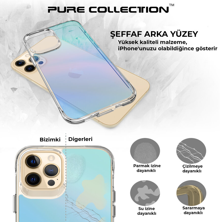 Bix iPhone 12 Pure Rainbow Renk Geçişli Şeffaf Kılıf Çizilmeye Dayanıklı Darbe Emici Parmak İzi Önleyici Mavi - 9