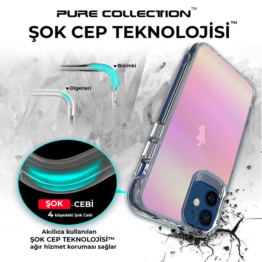 Bix iPhone 12 Pure Rainbow Renk Geçişli Şeffaf Kılıf Çizilmeye Dayanıklı Darbe Emici Parmak İzi Önleyici Pembe - 5