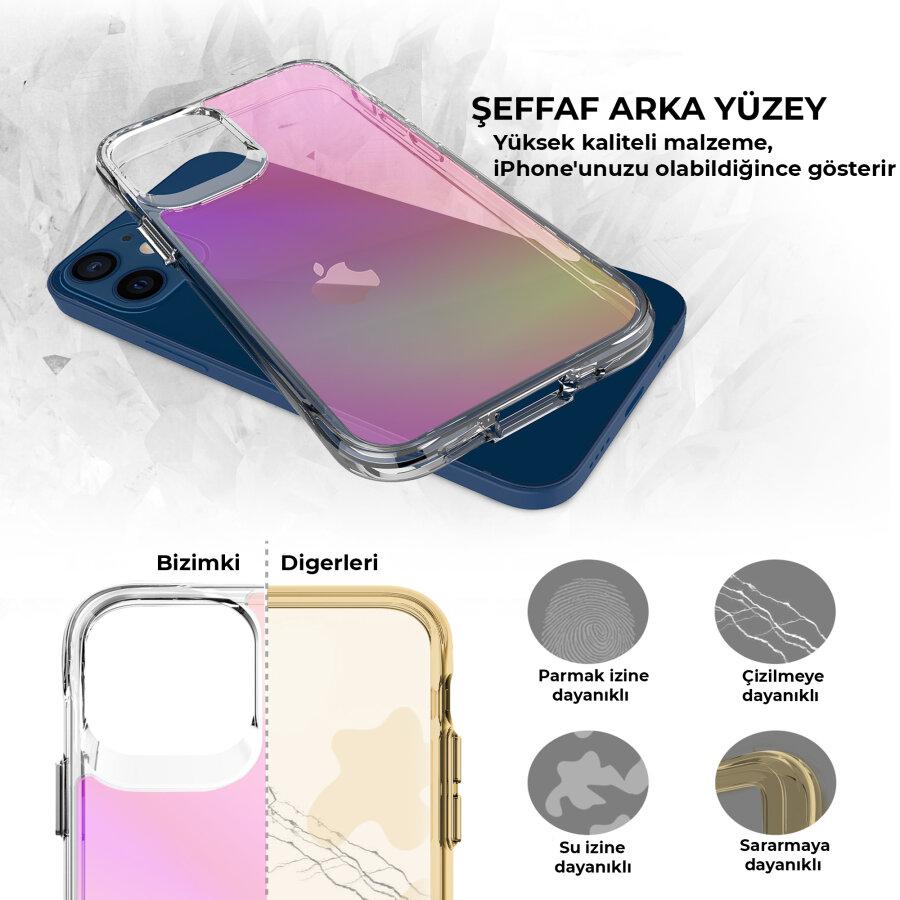 Bix iPhone 12 Pure Rainbow Renk Geçişli Şeffaf Kılıf Çizilmeye Dayanıklı Darbe Emici Parmak İzi Önleyici Pembe - 7