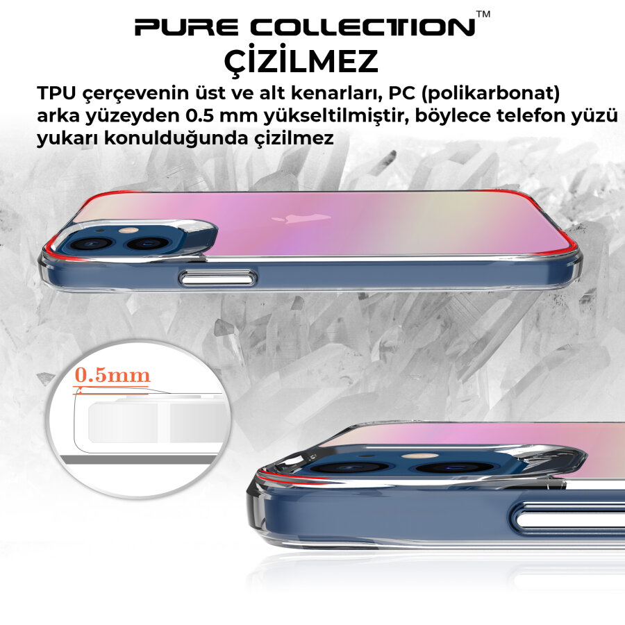 Bix iPhone 12 Pure Rainbow Renk Geçişli Şeffaf Kılıf Çizilmeye Dayanıklı Darbe Emici Parmak İzi Önleyici Pembe - 8