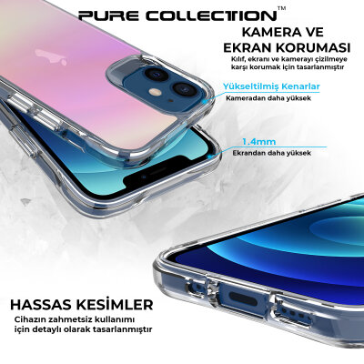Bix iPhone 12 Pure Rainbow Renk Geçişli Şeffaf Kılıf Çizilmeye Dayanıklı Darbe Emici Parmak İzi Önleyici Pembe - 10