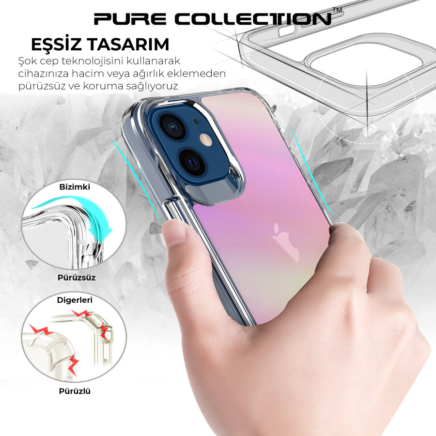 Bix iPhone 12 Pure Rainbow Renk Geçişli Şeffaf Kılıf Çizilmeye Dayanıklı Darbe Emici Parmak İzi Önleyici Pembe - 12