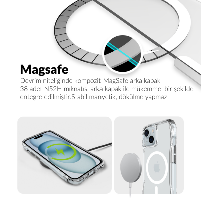 Bix iPhone 13 / 14 / 15 Octagon Hava Yastıklı MagSafe Kılıf Maksimum Korumalı Antrasit Kristal Şeffaf  - 9