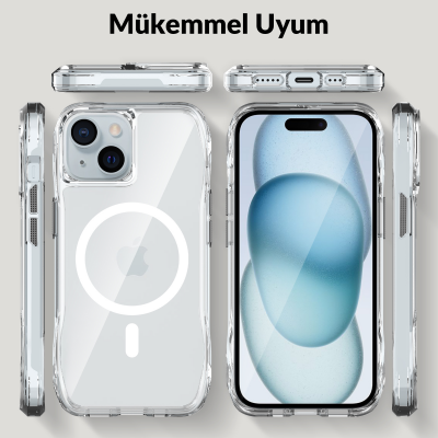Bix iPhone 13 / 14 / 15 Octagon Hava Yastıklı MagSafe Kılıf Maksimum Korumalı Antrasit Kristal Şeffaf  - 5