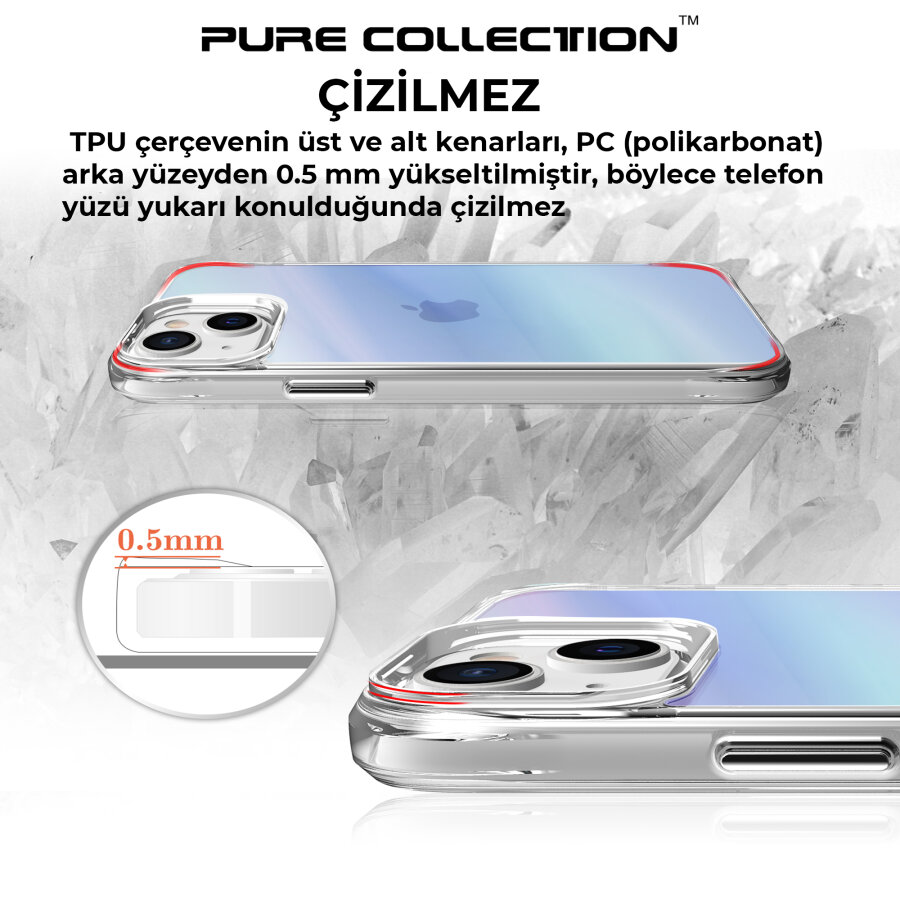 Bix iPhone 13 / 14 Pure Rainbow Renk Geçişli Şeffaf Kılıf Çizilmeye Dayanıklı Darbe Emici Parmak İzi Önleyici Mavi - 12