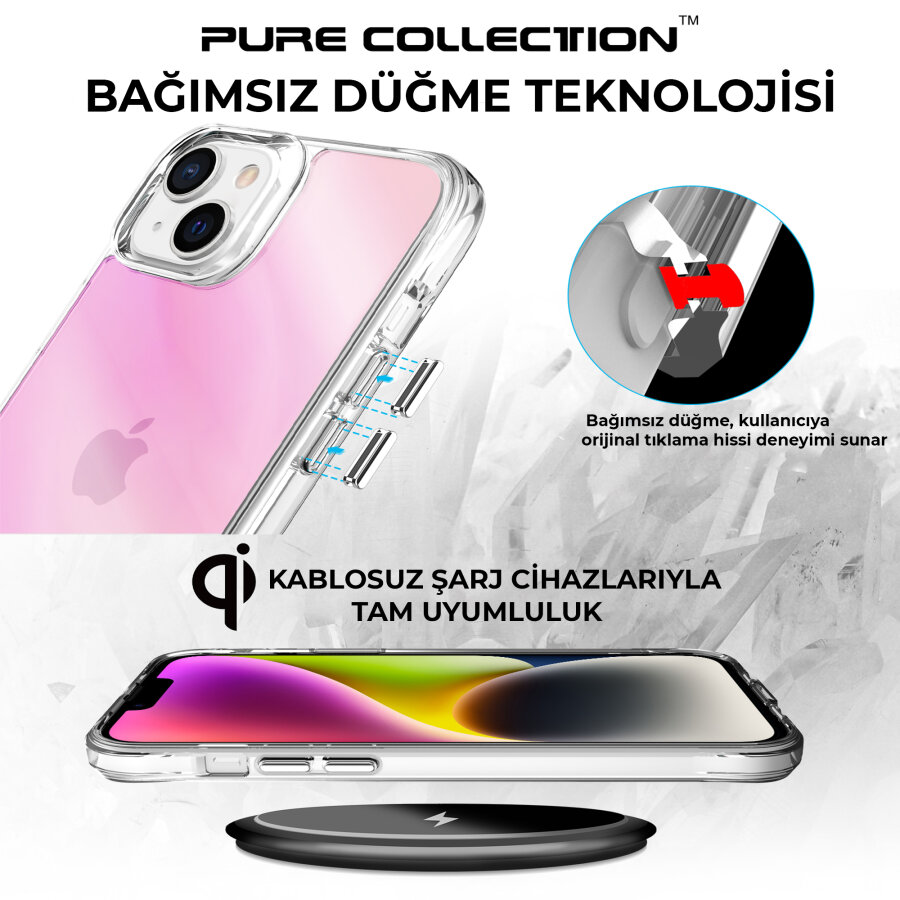 Bix iPhone 13 / 14 Pure Rainbow Renk Geçişli Şeffaf Kılıf Çizilmeye Dayanıklı Darbe Emici Parmak İzi Önleyici Pembe - 5