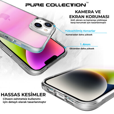 Bix iPhone 13 / 14 Pure Rainbow Renk Geçişli Şeffaf Kılıf Çizilmeye Dayanıklı Darbe Emici Parmak İzi Önleyici Pembe - 7