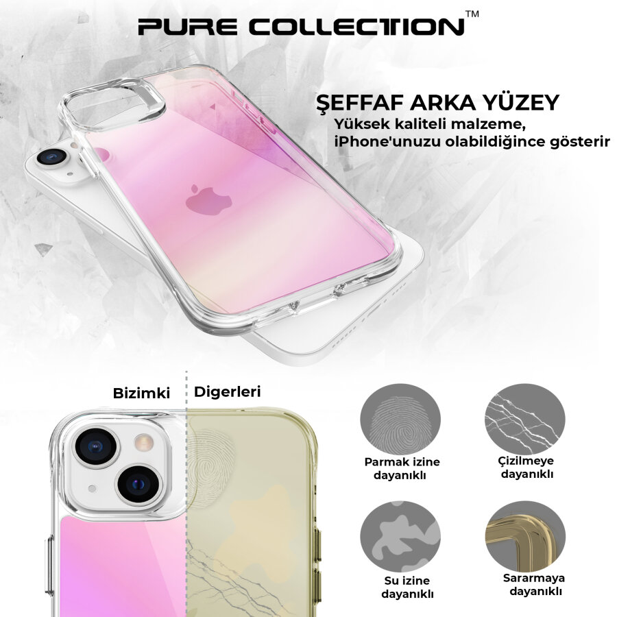 Bix iPhone 13 / 14 Pure Rainbow Renk Geçişli Şeffaf Kılıf Çizilmeye Dayanıklı Darbe Emici Parmak İzi Önleyici Pembe - 8