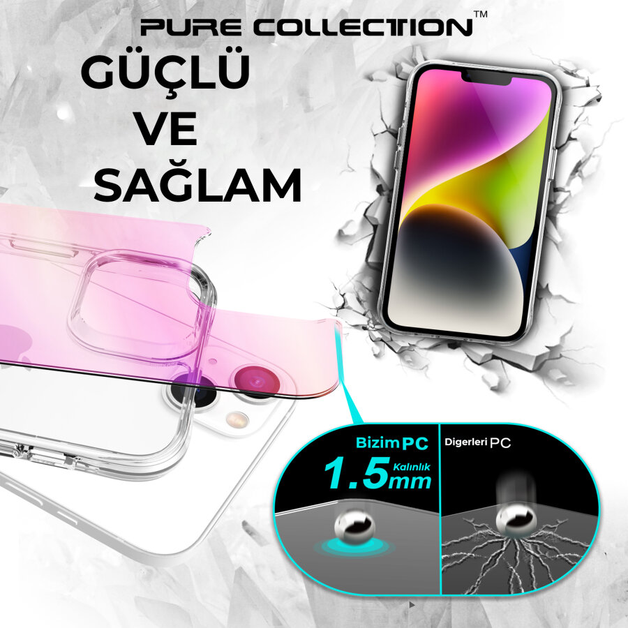 Bix iPhone 13 / 14 Pure Rainbow Renk Geçişli Şeffaf Kılıf Çizilmeye Dayanıklı Darbe Emici Parmak İzi Önleyici Pembe - 9