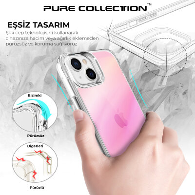 Bix iPhone 13 / 14 Pure Rainbow Renk Geçişli Şeffaf Kılıf Çizilmeye Dayanıklı Darbe Emici Parmak İzi Önleyici Pembe - 10