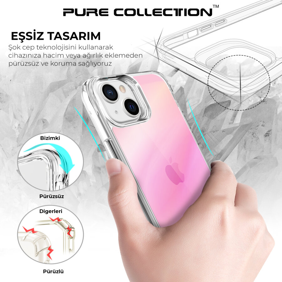 Bix iPhone 13 / 14 Pure Rainbow Renk Geçişli Şeffaf Kılıf Çizilmeye Dayanıklı Darbe Emici Parmak İzi Önleyici Pembe - 10