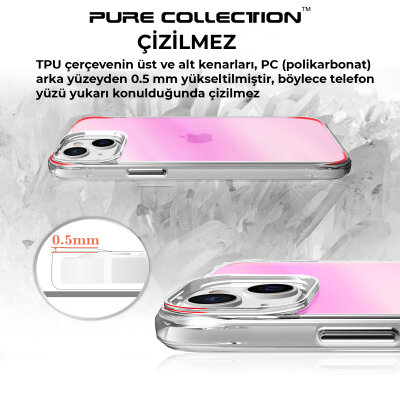 Bix iPhone 13 / 14 Pure Rainbow Renk Geçişli Şeffaf Kılıf Çizilmeye Dayanıklı Darbe Emici Parmak İzi Önleyici Pembe - 11