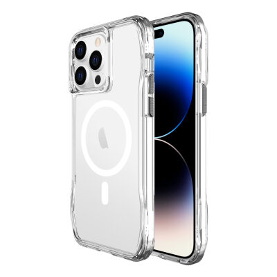 Bix iPhone 13 Pro / 14 Pro Octagon Hava Yastıklı MagSafe Kılıf Maksimum Korumalı Antrasit Kristal Şeffaf  