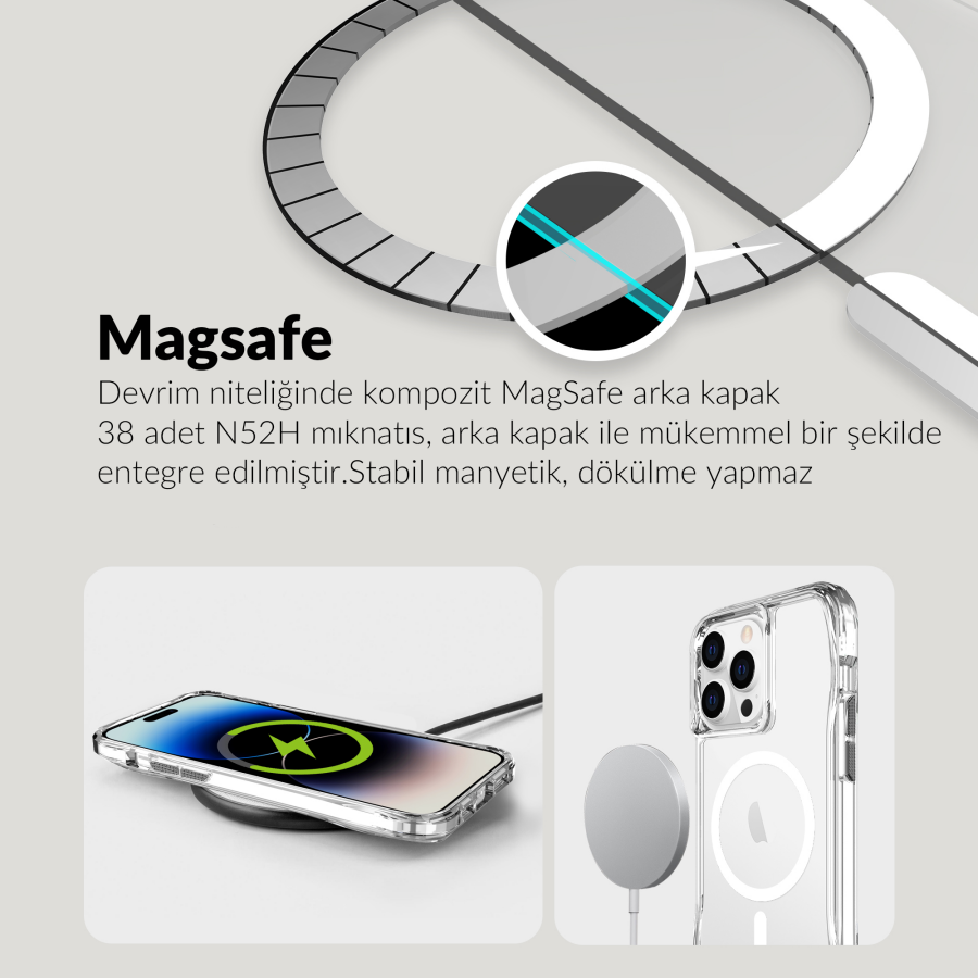 Bix iPhone 13 Pro / 14 Pro Octagon Hava Yastıklı MagSafe Kılıf Maksimum Korumalı Antrasit Kristal Şeffaf  - 8