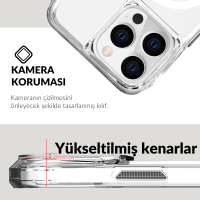 Bix iPhone 13 Pro / 14 Pro Octagon Hava Yastıklı MagSafe Kılıf Maksimum Korumalı Antrasit Kristal Şeffaf  - 9