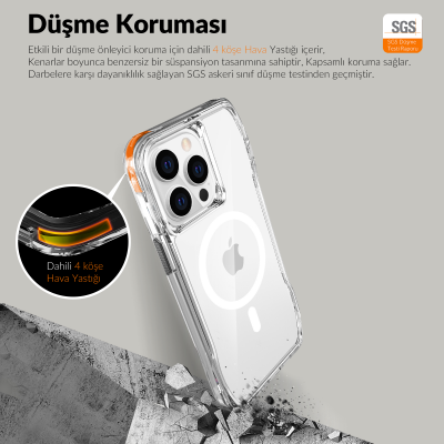 Bix iPhone 13 Pro / 14 Pro Octagon Hava Yastıklı MagSafe Kılıf Maksimum Korumalı Antrasit Kristal Şeffaf  - 12