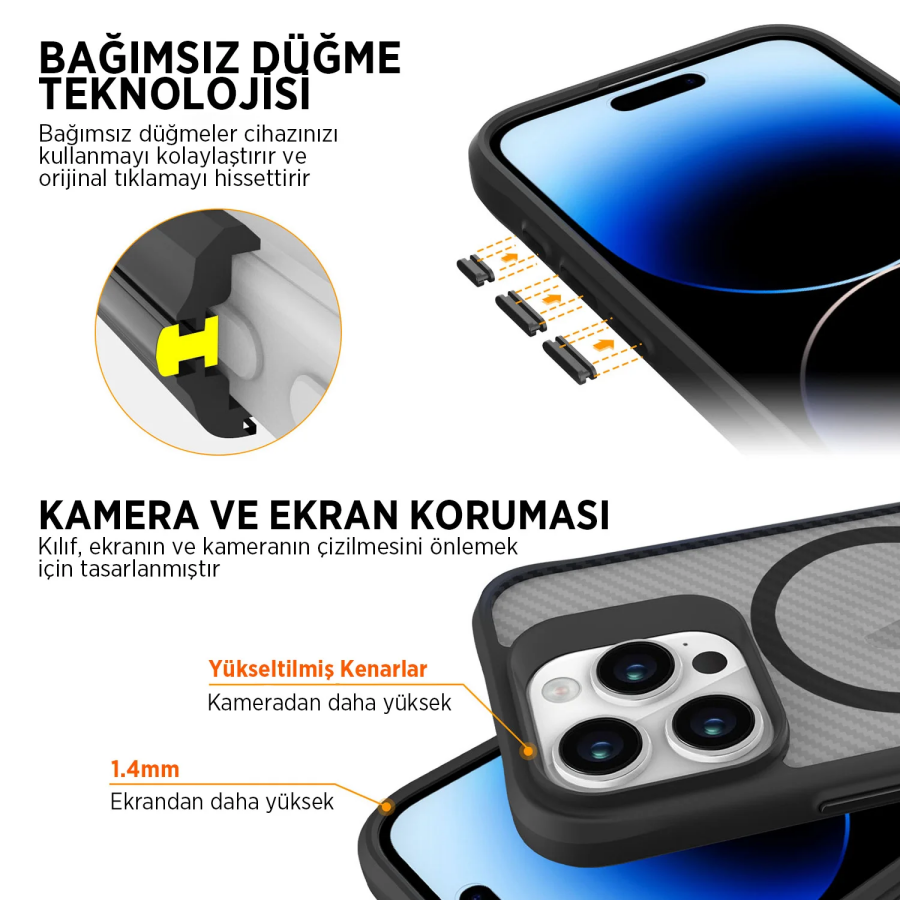 Bix iPhone 13 Pro Carbon Fiber Force MagSafe Kılıf Anti-Şok Teknolojili Kamera ve Ekran Korumalı - 5