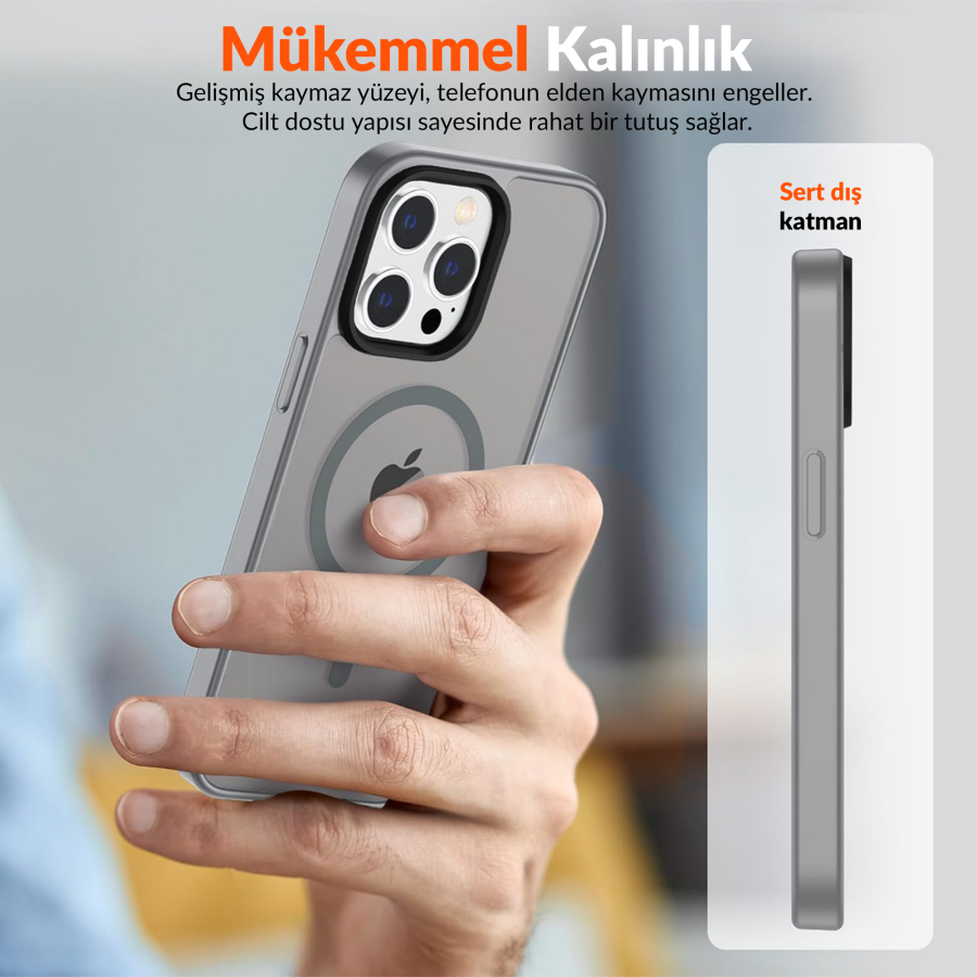 Bix iPhone 13 Pro MagSafe Uyumlu Kılıf Tam Koruma Manyetik Darbe Emici Gri - 4