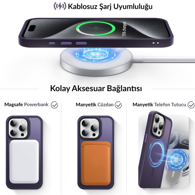 Bix iPhone 13 Pro Max MagSafe Uyumlu Kılıf Tam Koruma Manyetik Darbe Emici Mor - 6