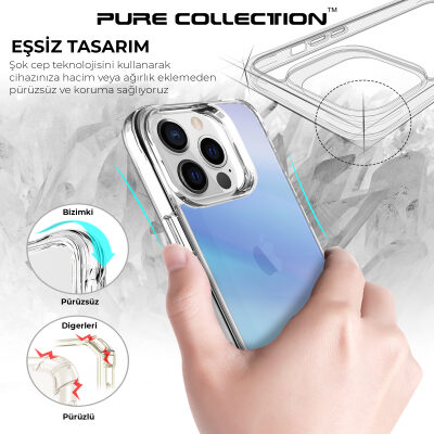 Bix iPhone 13 Pro Max Pure Rainbow Renk Geçişli Şeffaf Kılıf Çizilmeye Dayanıklı Darbe Emici Parmak İzi Önleyici Mavi - 8