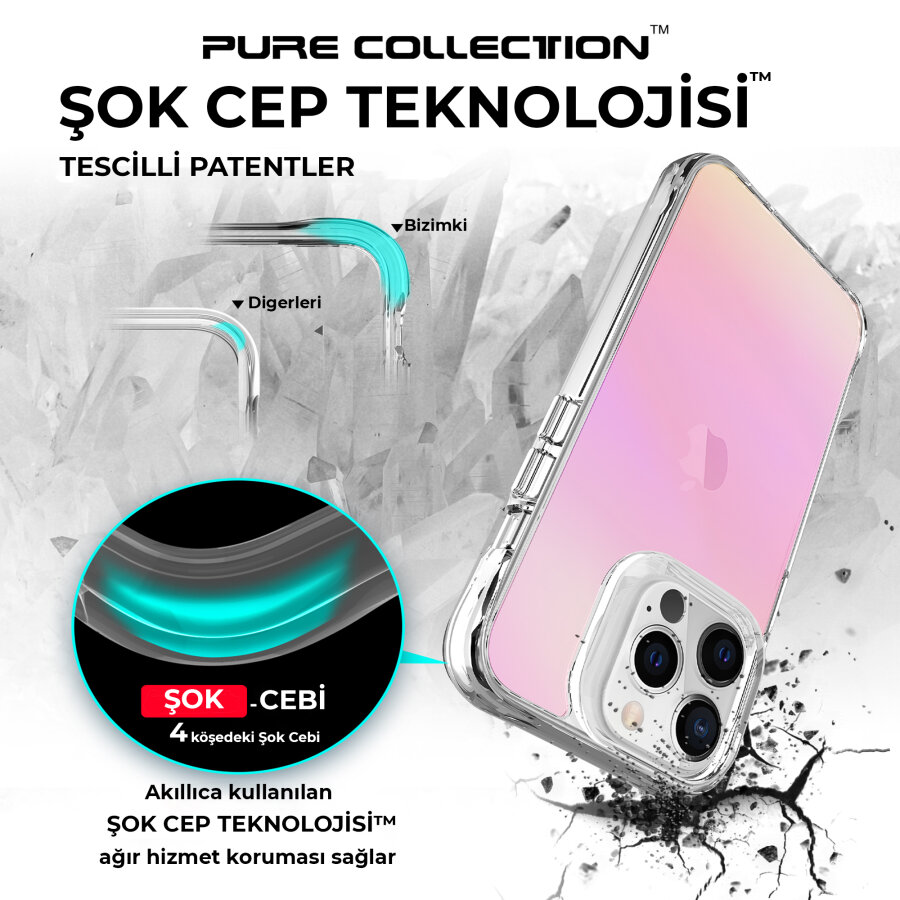 Bix iPhone 13 Pro Max Pure Rainbow Renk Geçişli Şeffaf Kılıf Çizilmeye Dayanıklı Darbe Emici Parmak İzi Önleyici Pembe - 5