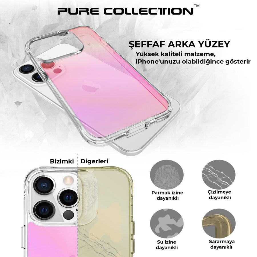 Bix iPhone 13 Pro Max Pure Rainbow Renk Geçişli Şeffaf Kılıf Çizilmeye Dayanıklı Darbe Emici Parmak İzi Önleyici Pembe - 9