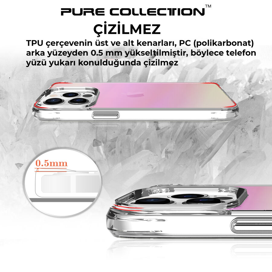 Bix iPhone 13 Pro Max Pure Rainbow Renk Geçişli Şeffaf Kılıf Çizilmeye Dayanıklı Darbe Emici Parmak İzi Önleyici Pembe - 12
