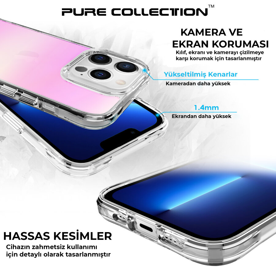 Bix iPhone 13 Pro Pure Rainbow Renk Geçişli Şeffaf Kılıf Çizilmeye Dayanıklı Darbe Emici Parmak İzi Önleyici Pembe - 8