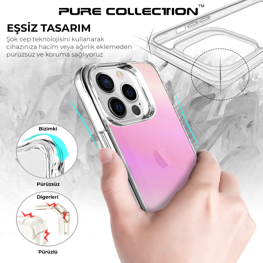 Bix iPhone 13 Pro Pure Rainbow Renk Geçişli Şeffaf Kılıf Çizilmeye Dayanıklı Darbe Emici Parmak İzi Önleyici Pembe - 10
