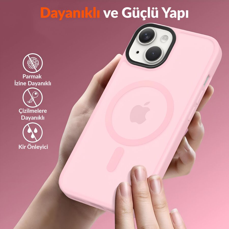 Bix iPhone 14 Plus / 15 Plus MagSafe Uyumlu Kılıf Tam Koruma Manyetik Darbe Emici Pembe - 4