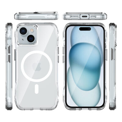 Bix iPhone 14 Plus / 15 Plus Octagon Hava Yastıklı MagSafe Kılıf Maksimum Korumalı Antrasit Kristal Şeffaf  - 4