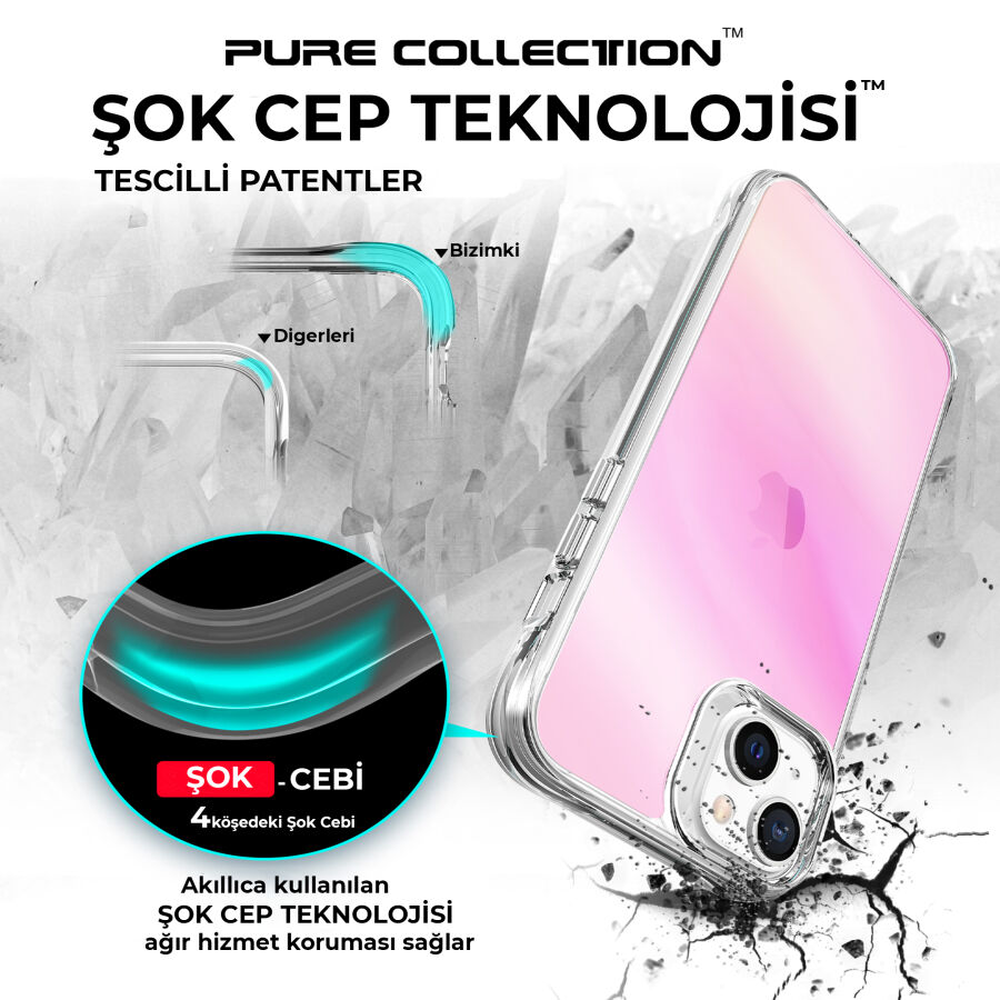 Bix iPhone 14 Plus / 15 Plus Pure Rainbow Renk Geçişli Şeffaf Kılıf Çizilmeye Dayanıklı Darbe Emici Pembe - 5