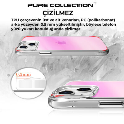 Bix iPhone 14 Plus / 15 Plus Pure Rainbow Renk Geçişli Şeffaf Kılıf Çizilmeye Dayanıklı Darbe Emici Pembe - 10
