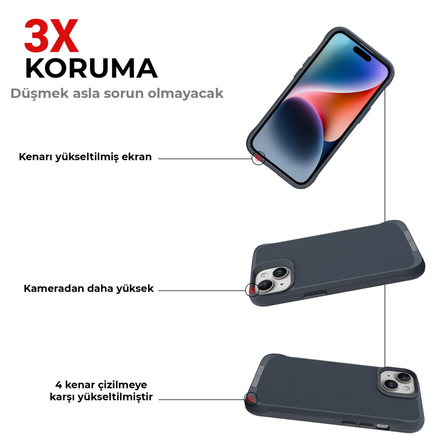 Bix iPhone 14 Plus / 15 Plus Vortex MagSafe Kılıf Stand Özellikli 3X Korumalı Mikro Fiber İç Yüzey Gri Mavi - 4