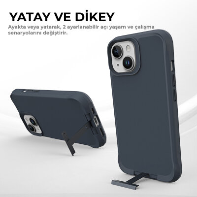 Bix iPhone 14 Plus / 15 Plus Vortex MagSafe Kılıf Stand Özellikli 3X Korumalı Mikro Fiber İç Yüzey Gri Mavi - 7