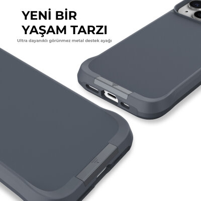 Bix iPhone 14 Plus / 15 Plus Vortex MagSafe Kılıf Stand Özellikli 3X Korumalı Mikro Fiber İç Yüzey Gri Mavi - 8