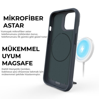 Bix iPhone 14 Plus / 15 Plus Vortex MagSafe Kılıf Stand Özellikli 3X Korumalı Mikro Fiber İç Yüzey Gri Mavi - 10