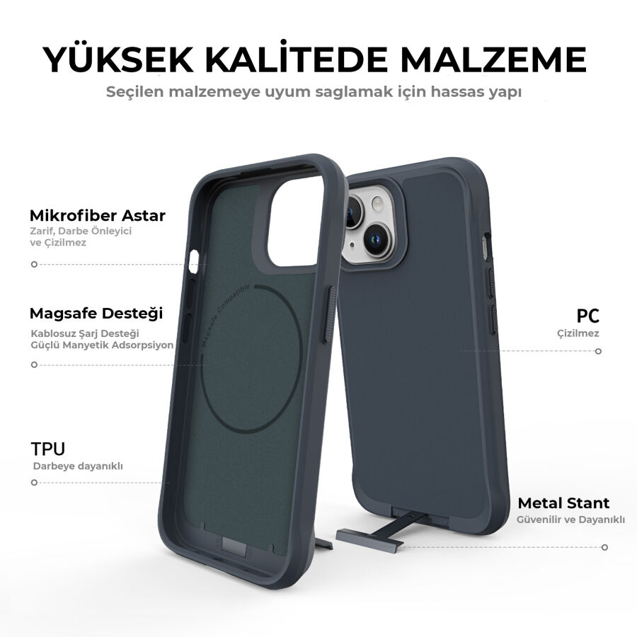 Bix iPhone 14 Plus / 15 Plus Vortex MagSafe Kılıf Stand Özellikli 3X Korumalı Mikro Fiber İç Yüzey Gri Mavi - 12