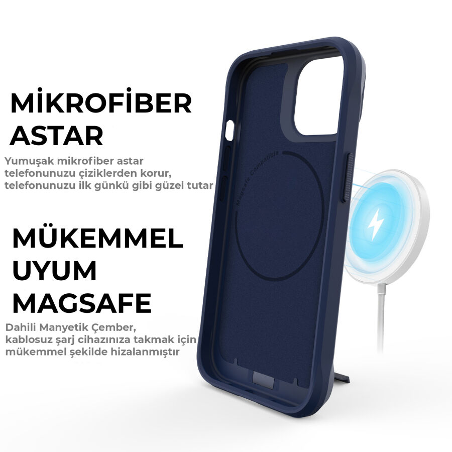 Bix iPhone 14 Plus / 15 Plus Vortex MagSafe Kılıf Stand Özellikli 3X Korumalı Mikro Fiber İç Yüzey Lacivert - 9