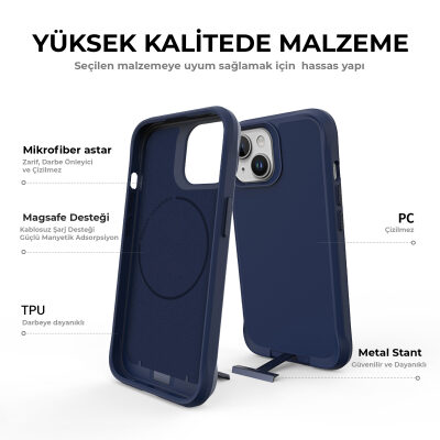 Bix iPhone 14 Plus / 15 Plus Vortex MagSafe Kılıf Stand Özellikli 3X Korumalı Mikro Fiber İç Yüzey Lacivert - 10