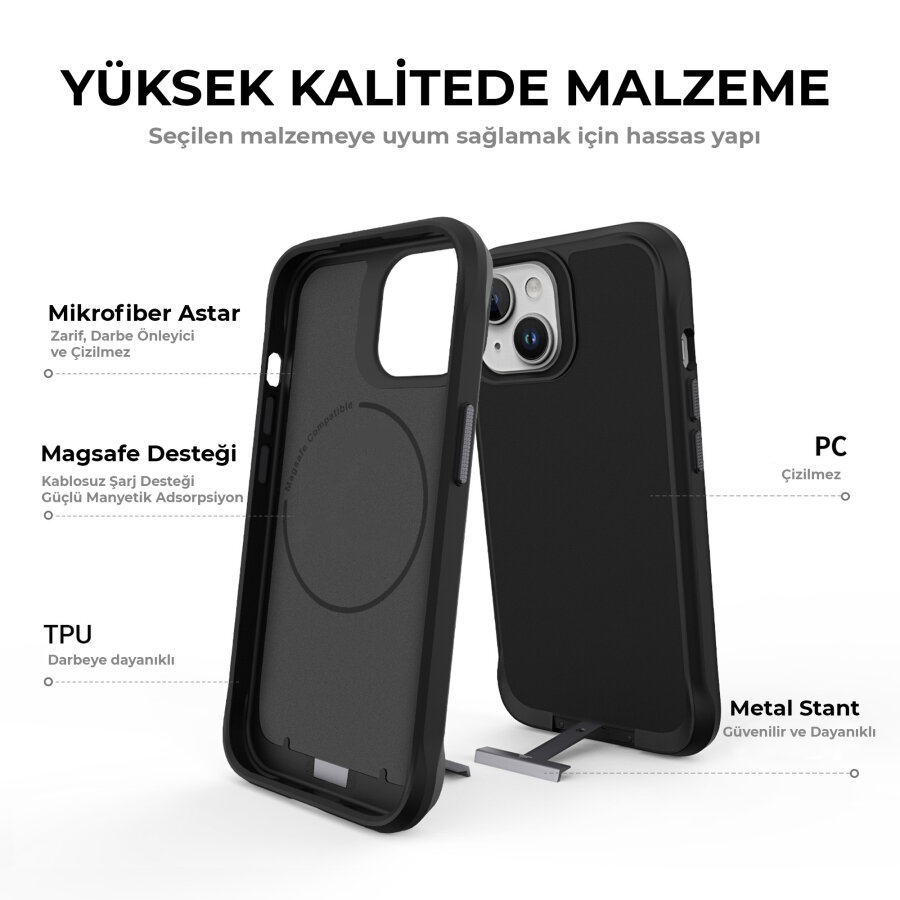 Bix iPhone 14 Plus / 15 Plus Vortex MagSafe Kılıf Stand Özellikli 3X Korumalı Mikro Fiber İç Yüzey Siyah - 12