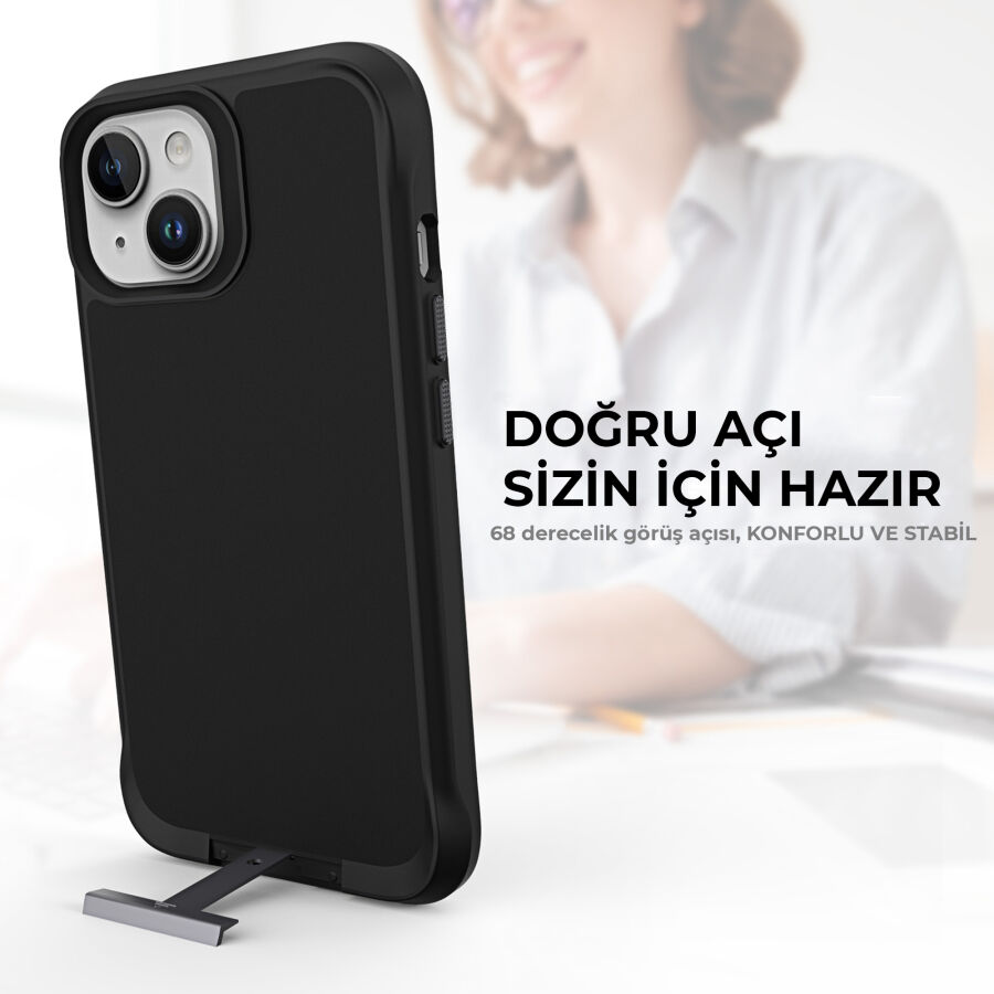 Bix iPhone 14 Plus / 15 Plus Vortex MagSafe Kılıf Stand Özellikli 3X Korumalı Mikro Fiber İç Yüzey Siyah - 6