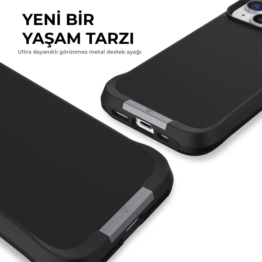 Bix iPhone 14 Plus / 15 Plus Vortex MagSafe Kılıf Stand Özellikli 3X Korumalı Mikro Fiber İç Yüzey Siyah - 9