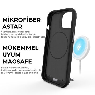 Bix iPhone 14 Plus / 15 Plus Vortex MagSafe Kılıf Stand Özellikli 3X Korumalı Mikro Fiber İç Yüzey Siyah - 11