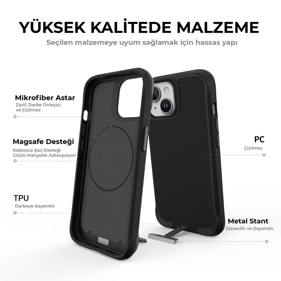 Bix iPhone 14 Plus / 15 Plus Vortex MagSafe Kılıf Stand Özellikli 3X Korumalı Mikro Fiber İç Yüzey Siyah - 12
