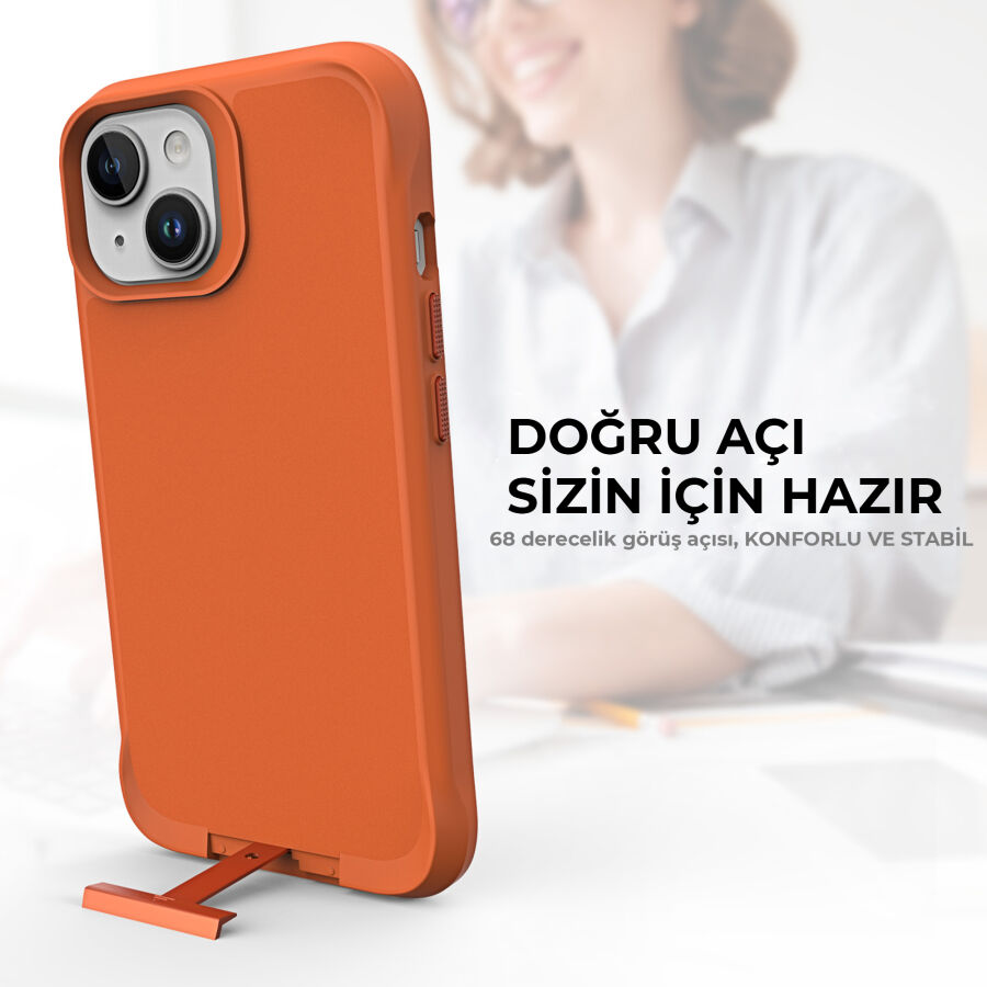 Bix iPhone 14 Plus / 15 Plus Vortex MagSafe Kılıf Stand Özellikli 3X Korumalı Mikro Fiber İç Yüzey Turuncu - 6