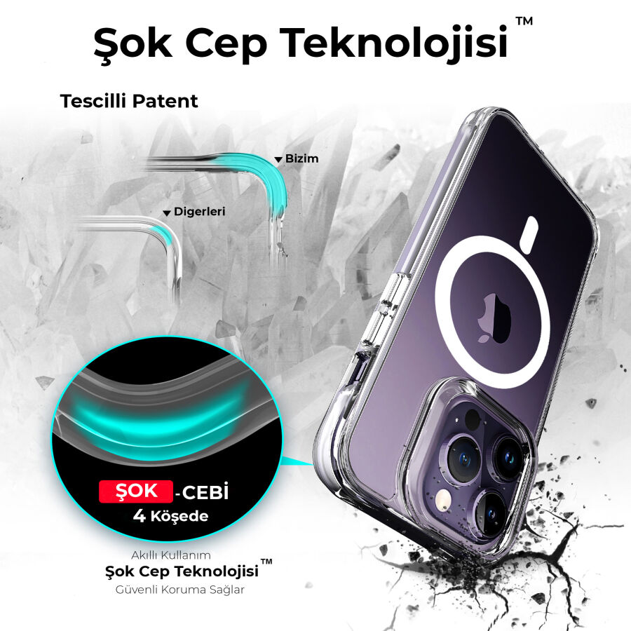 Bix iPhone 14 Pro MagSafe Uyumlu Transparan Şeffaf Kılıf Güçlü Manyetik Üstün Darbe Koruması - 6