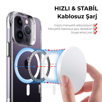 Bix iPhone 14 Pro MagSafe Uyumlu Transparan Şeffaf Kılıf Güçlü Manyetik Üstün Darbe Koruması - 7